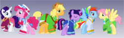 Size: 4249x1319 | Tagged: safe, artist:itoruna-the-platypus, applejack, fluttershy, pinkie pie, rainbow dash, rarity, twilight sparkle, earth pony, pegasus, pony, unicorn, g4, applejack (male), bubble berry, butterscotch, clothes, dress, dusk shine, elusive, gala dress, gradient background, horn, male, rainbow blitz, rule 63, stallion, unicorn twilight, vector