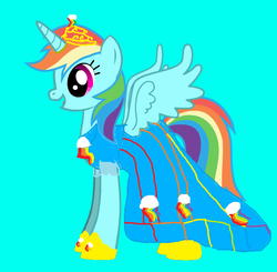 Size: 574x563 | Tagged: safe, artist:fefe2002, rainbow dash, alicorn, pony, g4, 1000 hours in ms paint, alicornified, blue background, clothes, crown, dress, female, horn, jewelry, mare, ms paint, multicolored hair, princess rainbow dash, race swap, rainbow hair, rainbowcorn, regalia, shoes, simple background, smiling, solo, species swap, spread wings, wings