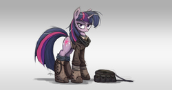 Size: 2500x1307 | Tagged: safe, artist:ncmares, twilight sparkle, pony, unicorn, g4, badass, bag, boots, clothes, dirty, fanfic art, female, jacket, looking at you, mare, necklace, night shift, saddle bag, smirk, solo