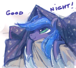 Size: 333x300 | Tagged: artist needed, safe, princess luna, bed, blanket, cute, female, good night, horn, looking up, prone, sheet, smiling, solo