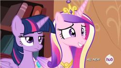 Size: 617x347 | Tagged: safe, princess cadance, twilight sparkle, alicorn, pony, g4, cute, female, fixed, frown, golden oaks library, grin, hub logo, mare, nervous, smiling, twilight sparkle (alicorn), unamused