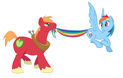 Size: 1595x1021 | Tagged: artist needed, safe, big macintosh, rainbow dash, earth pony, pony, g4, male, mouth hold, ship:rainbowmac, shipping, stallion, straight, tail pull