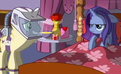 Size: 1024x630 | Tagged: safe, artist:ponyecho, rarity, oc, oc:kydose, g4, season 4, three's a crowd, alternate hairstyle, bed, blue flu, canon x oc, card, duo, female, flower, hazmat suit, hearts and hooves day, love, male, present, raridose, shipping, show accurate, sick, straight