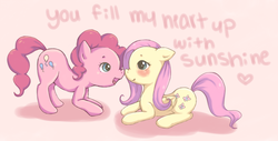 Size: 1043x531 | Tagged: safe, artist:risuchan, fluttershy, pinkie pie, g4, blushing, cute, ship:flutterpie, shipping, smile song, smiling
