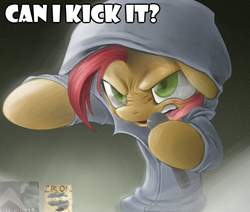 Size: 612x520 | Tagged: safe, babs seed, earth pony, pony, g4, a tribe called quest, babs the rapper, clothes, exploitable meme, female, filly, hoodie, image macro, meme, nose wrinkle, solo