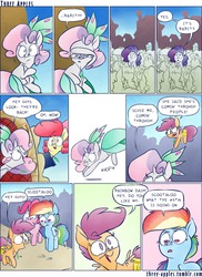 Size: 944x1294 | Tagged: safe, artist:capnpea, artist:kefkafloyd, apple bloom, pinkie pie, rainbow dash, rarity, scootaloo, sweetie belle, earth pony, pegasus, pony, unicorn, comic:three apples, g4, comic, crowd, cutie mark crusaders, dialogue, female, filly, foal, mare, no pupils, outdoors, speech bubble