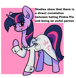 Size: 806x827 | Tagged: safe, artist:otterlore, pinkie pie, twilight sparkle, fanfic:researcher twilight, g4, clothes, fanfic, fanfic art, female, joke, lab coat, research, solo, studies