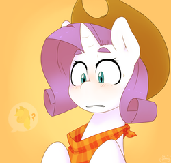 Size: 1280x1225 | Tagged: safe, artist:terrabutt, applejack, rarity, g4, accessory swap, bandana, blushing, caught, clothes, cowboy hat, female, gritted teeth, hat, nervous, pictogram, question mark, scarf, solo, speech bubble, stetson, sweatdrop, wide eyes