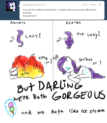 Size: 680x780 | Tagged: safe, artist:moonblizzard, rarity, g4, ask, female, fire, ice cream, magic, rarity answers, solo, tumblr