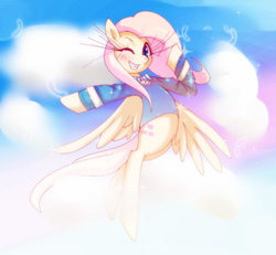 Size: 983x909 | Tagged: safe, artist:girlieginger, fluttershy, filli vanilli, g4, clothes, cloud, cloudy, eyelashes, female, flying, shirt, solo, wink