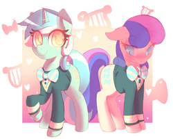 Size: 1044x836 | Tagged: safe, artist:mewball, bon bon, lyra heartstrings, sweetie drops, earth pony, pony, unicorn, filli vanilli, g4, adorabon, blushing, clothes, cute, duo, duo female, female, ponytones outfit, sweater