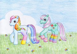 Size: 1024x725 | Tagged: safe, artist:normaleeinsane, minty, rainbow dash, rainbow dash (g3), g3, g4, clothes, rainbow socks, socks, striped socks, traditional art