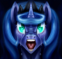 Size: 920x885 | Tagged: safe, artist:slifertheskydragon, edit, princess luna, alicorn, pony, g4, angry, crying, drool, female, glare, looking at you, mare, mirrored, nightmare fuel, nose wrinkle, open mouth, s1 luna, solo, symmetric, unitinu, yelling