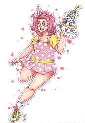 Size: 2249x3271 | Tagged: safe, artist:sentrette, pinkie pie, human, g4, cake, female, humanized, light skin, solo