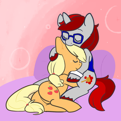 Size: 1000x1000 | Tagged: safe, artist:mt, applejack, oc, g4, canon x oc, cuddling, snuggling