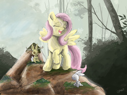 Size: 4020x3004 | Tagged: safe, artist:owlvortex, angel bunny, fluttershy, jackalope, filli vanilli, g4, eyes closed, open mouth, raised hoof, rock, scene interpretation, singing, spread wings