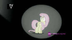 Size: 960x540 | Tagged: safe, screencap, fluttershy, filli vanilli, g4, animated, cowering, female, hub logo, panic attack, scared, solo, spotlight, stage fright