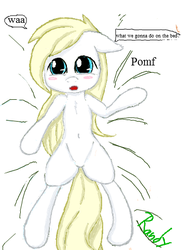 Size: 351x481 | Tagged: safe, artist:randy, oc, oc only, oc:aryanne, earth pony, pony, aryan pony, bed, belly button, blonde, blush sticker, blushing, cute, first person view, implied foalcon, on back, on bed, pomf, solo, what are we gonna do on the bed?, white