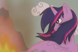 Size: 1500x1000 | Tagged: safe, artist:creeperoxx, twilight sparkle, alicorn, pony, g4, crying, female, fire, mare, ponyville, sad, solo, twilight sparkle (alicorn)