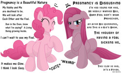 Size: 18000x10800 | Tagged: dead source, safe, artist:xniclord789x, pinkie pie, g4, absurd resolution, blushing, duality, floppy ears, fourth wall, frown, happy, meta, mood swing, pinkamena diane pie, preggy pie, pregnant, sad, simple background, smiling, transparent background