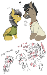 Size: 1194x1920 | Tagged: safe, artist:tokiball12345, daring do, doctor caballeron, rainbow dash, earth pony, pegasus, pony, g4, 2 panel comic, bedroom eyes, blushing, comic, fangasm, female, flirting, looking at each other, looking at someone, male, mare, seductive, seductive look, ship:daballeron, shipper on deck, shipping, smiling, stallion, straight, teasing