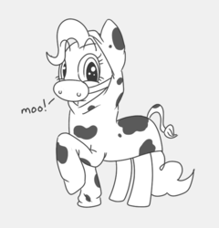 Size: 625x650 | Tagged: safe, artist:spicyhamsandwich, pinkie pie, cow, g4, animal costume, clothes, costume, female, lineart, monochrome, solo