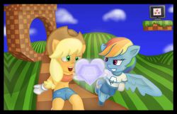 Size: 1040x670 | Tagged: safe, artist:captainawesometastic, applejack, rainbow dash, anthro, g4, crossover, duo, female, grass, green hill zone, parody, platformer, sonic the hedgehog, sonic the hedgehog (series)