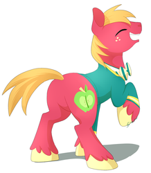 Size: 1132x1297 | Tagged: dead source, safe, artist:sion, big macintosh, earth pony, pony, filli vanilli, g4, big backintosh, butt, clothes, featureless crotch, male, plot, ponytones outfit, solo, stallion
