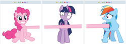 Size: 767x269 | Tagged: safe, pinkie pie, rainbow dash, twilight sparkle, derpibooru, g4, combo, exploitable meme, forced juxtaposition, fourth wall, juxtaposition, juxtaposition win, meme, meta