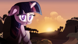 Size: 1920x1080 | Tagged: safe, artist:discorded, artist:ironfruit, artist:karl97, twilight sparkle, g4, female, looking at you, looking back, show accurate, solo, sunset, vector, wallpaper