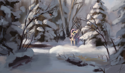 Size: 1312x759 | Tagged: safe, artist:entita25, fluttershy, bird, pegasus, pony, g4, digital painting, female, forest, mare, outdoors, scenery, snow, solo, winter