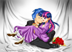 Size: 1535x1115 | Tagged: safe, artist:nancysauria, flash sentry, twilight sparkle, equestria girls, g4, alternate hairstyle, bishie sentry, clothes, dress, eyes closed, female, flower, humanized, kissing, light skin, male, ship:flashlight, shipping, smiling, straight