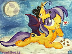 Size: 960x720 | Tagged: safe, artist:spookyle, oc, oc only, bat pony, pony, cloud, moon, solo, spookie, traditional art