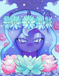 Size: 649x836 | Tagged: safe, artist:mewball, princess luna, alicorn, pony, g4, bust, crying, female, floral head wreath, flower, looking at you, mare, no pupils, portrait, solo