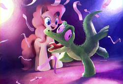Size: 1047x711 | Tagged: safe, artist:cannibalus, gummy, pinkie pie, earth pony, pony, g4, confetti, dancing, pet
