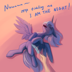Size: 1500x1500 | Tagged: safe, artist:sokolas, princess luna, alicorn, human, pony, g4, cute, dialogue, disembodied arm, eyes closed, feather, floppy ears, hand, i am the night, laughing, lunabetes, on back, open mouth, s1 luna, smiling, spread wings, tickling