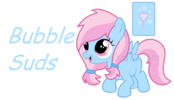 Size: 1000x574 | Tagged: safe, artist:monkfishyadopts, oc, oc only, pegasus, pony, g4, base used, bubble, bubble suds, bubble wand, cute, female, filly, open mouth, silly filly, smiling, solo, standing