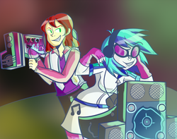 Size: 1000x786 | Tagged: safe, artist:php52, dj pon-3, nolan north, vinyl scratch, equestria girls, g4, background human, bass cannon, dubstep gun, duo, female, male, saints row