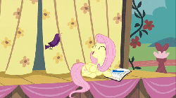 Size: 640x360 | Tagged: safe, screencap, fluttershy, bird, pegasus, pony, songbird, filli vanilli, g4, season 4, animated, book, cute, eyes closed, female, flying, grin, loop, mare, open mouth, prone, purple martin, shyabetes, singing, smiling, solo, stage