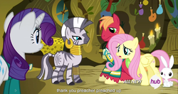 Size: 1151x609 | Tagged: safe, screencap, angel bunny, big macintosh, fluttershy, rarity, zecora, earth pony, pony, zebra, filli vanilli, g4, male, meme, preacher, religion, stallion, youtube caption