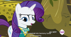 Size: 1151x609 | Tagged: safe, screencap, rarity, filli vanilli, g4, bowtie, female, hub logo, meme, solo, youtube caption