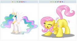 Size: 514x276 | Tagged: safe, fluttershy, princess celestia, derpibooru, g4, exploitable meme, juxtaposition, juxtaposition win, meme, meta