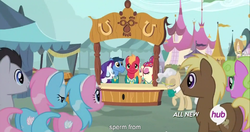 Size: 1152x609 | Tagged: safe, screencap, aloe, big macintosh, daisy, flower wishes, lotus blossom, mayor mare, meadow song, rarity, toe-tapper, torch song, earth pony, pony, filli vanilli, g4, hub logo, male, meme, ponytones, spa twins, stallion, youtube caption