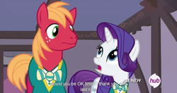 Size: 1151x608 | Tagged: safe, screencap, big macintosh, rarity, earth pony, pony, filli vanilli, g4, fetish i, hub logo, male, meme, stallion, youtube caption