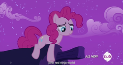 Size: 1151x608 | Tagged: safe, screencap, pinkie pie, filli vanilli, g4, all new, female, hub logo, meme, roof, solo, text, youtube caption