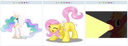 Size: 770x280 | Tagged: safe, big macintosh, fluttershy, princess celestia, earth pony, pony, derpibooru, g4, exploitable meme, juxtaposition, juxtaposition win, male, meme, meta, stallion