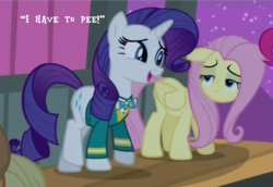 Size: 661x455 | Tagged: safe, edit, edited screencap, screencap, fluttershy, rarity, pegasus, pony, unicorn, filli vanilli, g4, caption, female, looking at each other, mare, need to pee, night, out of context, potty time