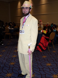 Size: 1944x2592 | Tagged: safe, angel bunny, fluttershy, human, g4, amish pimp, cosplay, irl, irl human, katsucon, photo, rule 63