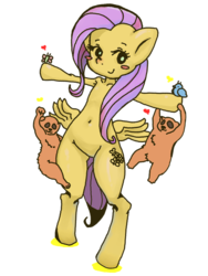 Size: 600x800 | Tagged: safe, artist:kenoi, fluttershy, bird, butterfly, pony, semi-anthro, g4, arm hooves, belly button, bipedal, blushing, happy, heart, simple background, smiling, transparent background, victory