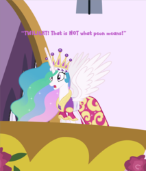 Size: 1014x1190 | Tagged: safe, edit, edited screencap, screencap, princess celestia, alicorn, pony, g4, magical mystery cure, alarmed, bad end, canterlot castle, castle, clothes, coronation, cropped, crown, dress, ethereal mane, female, flower, gasp, gown, headwear, implied twilight sparkle, implied watersports, jewelry, mare, meme, op is a duck, palace, peon, pun, regalia, rose, shocked, shocked expression, solo, spread wings, wings